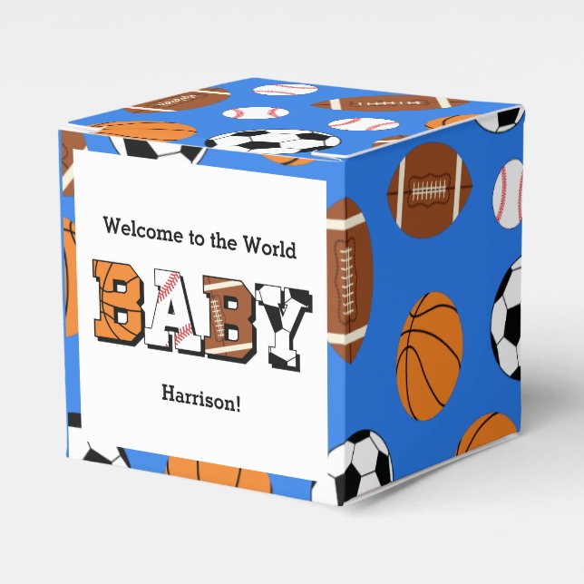 Sports Baby Shower Co-ed Theme Boy Blue Favour Box (Front Side)