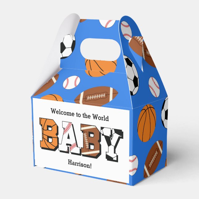 Sports Baby Shower Co-ed Theme Boy Blue Favour Box (Front Side)