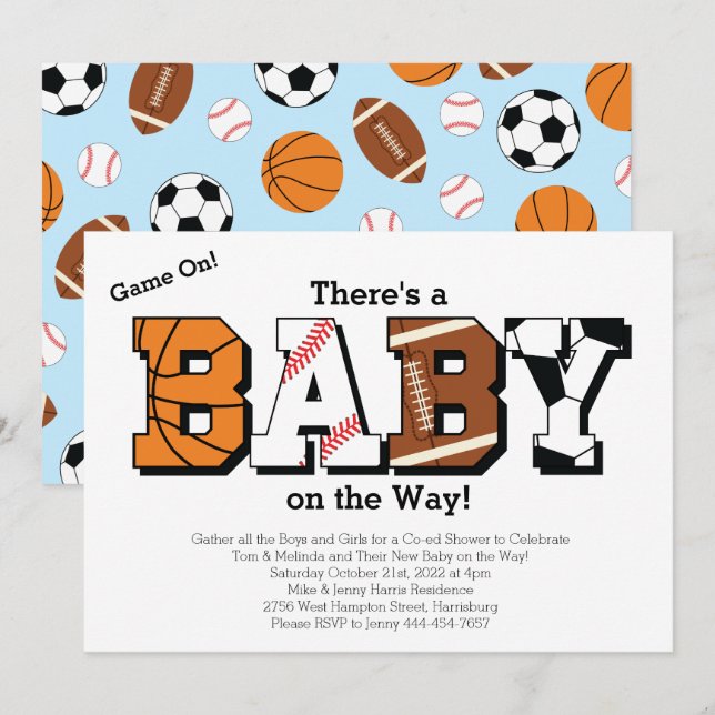 Sports Baby Shower Co-ed Theme Boy Blue Invitation (Front/Back)