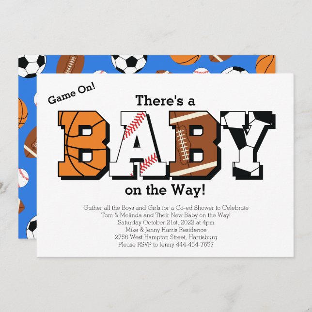 Sports Baby Shower Co-ed Theme Boy Blue Invitation (Front/Back)