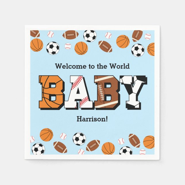 Sports Baby Shower Co-ed Theme Boy Blue Napkin (Front)