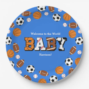 Sports Baby Shower Co-ed Theme Boy Blue Paper Plate