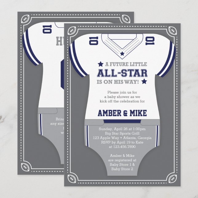Sports Baby Shower Invitation, Football, Blue Grey Invitation (Front/Back)