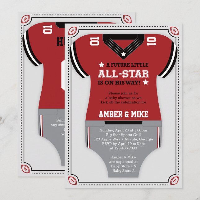 Sports Baby Shower Invitation, Football, Red Black Invitation (Front/Back)