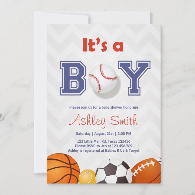 Sports Baby Shower invite Its a boy Blue red Grey (Front)