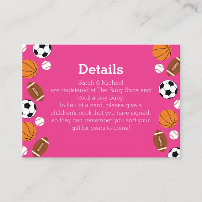 Sports Baby Shower Pink Girl Enclosure Card (Front)