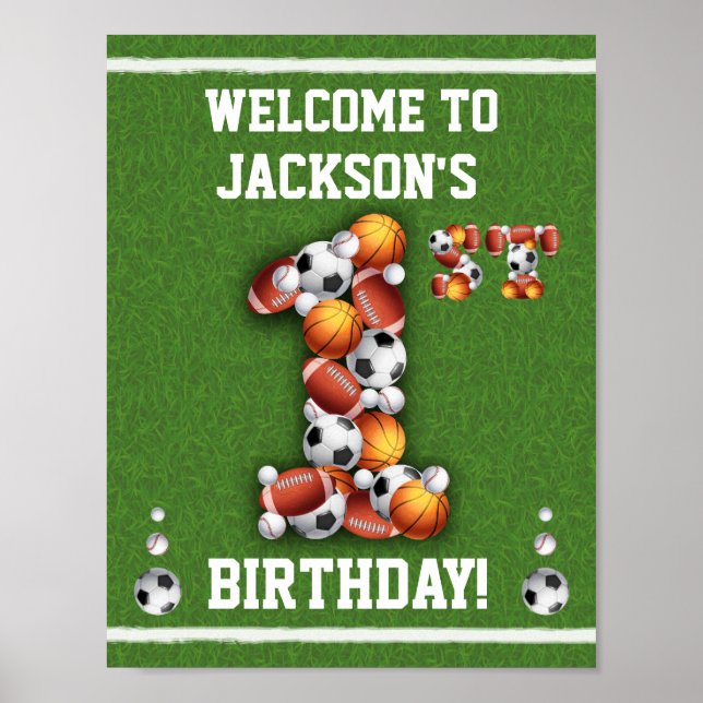 Sports balls 1st Birthday Welcome Sign (Front)