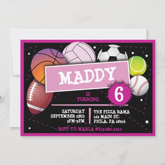 SPORTS BALLS GIRLS Birthday Party Invitation (Front)