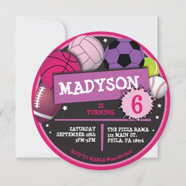 SPORTS BALLS Girls Birthday Party Invitation (Front)