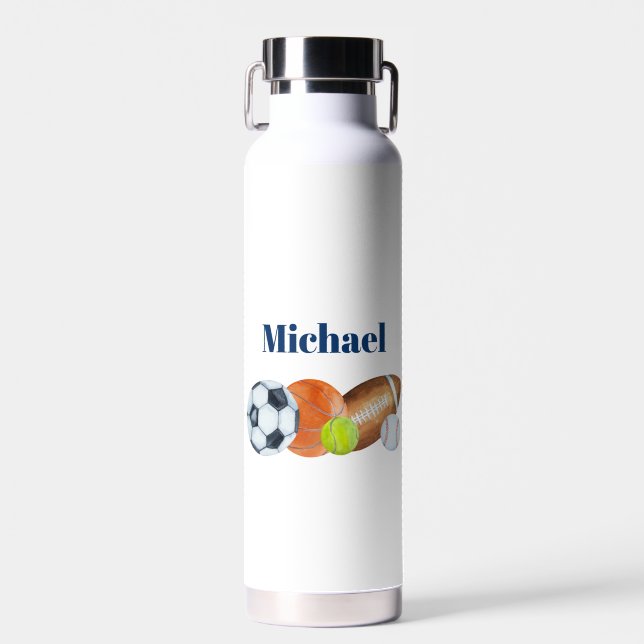 Sports Balls Watercolor Custom Name Monogram  Water Bottle (Front)