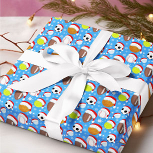 Sports Balls Wearing Santa's Hat Christmas Blue Wrapping Paper