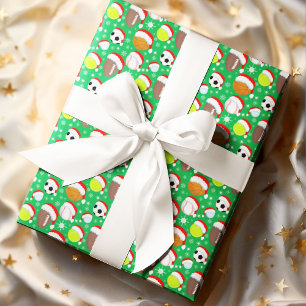Sports Balls Wearing Santa's Hat Christmas Green Wrapping Paper