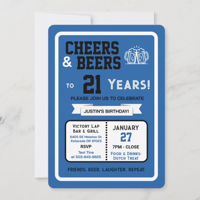 Sports Bar Birthday Cheers and Beers to 21 Years  Invitation (Front)