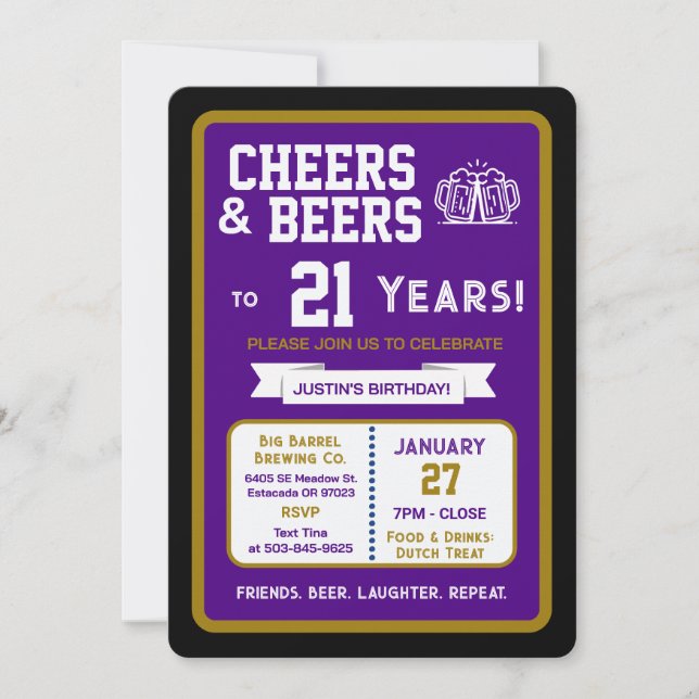 Sports Bar Birthday Cheers and Beers to 21 Years Invitation (Front)