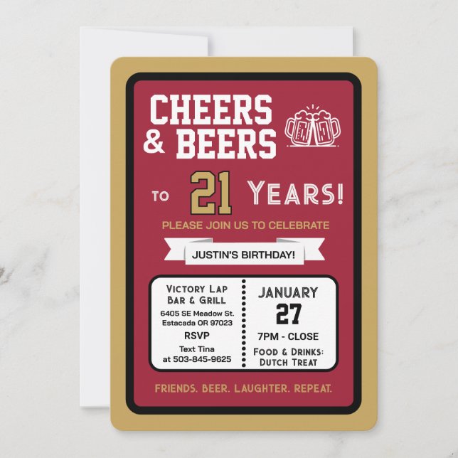 Sports Bar Birthday Cheers and Beers to 21 Years  Invitation (Front)