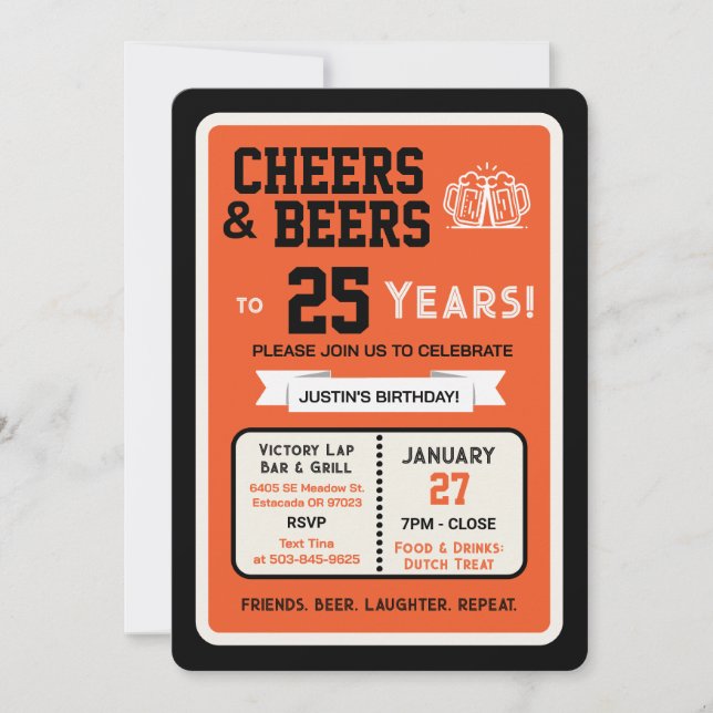 Sports Bar Birthday Cheers and Beers to 25 Years  Invitation (Front)