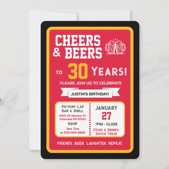 Sports Bar Birthday Cheers and Beers to 30 Years Invitation (Front)