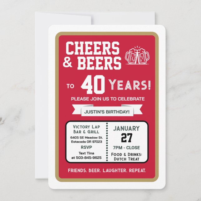Sports Bar Birthday Cheers and Beers to 40 Years Invitation (Front)