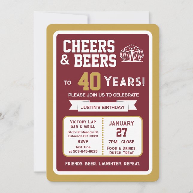 Sports Bar Birthday Cheers and Beers to 40 Years  Invitation (Front)