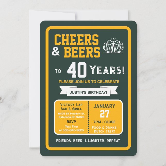 Sports Bar Birthday Cheers and Beers to 40 Years Invitation (Front)