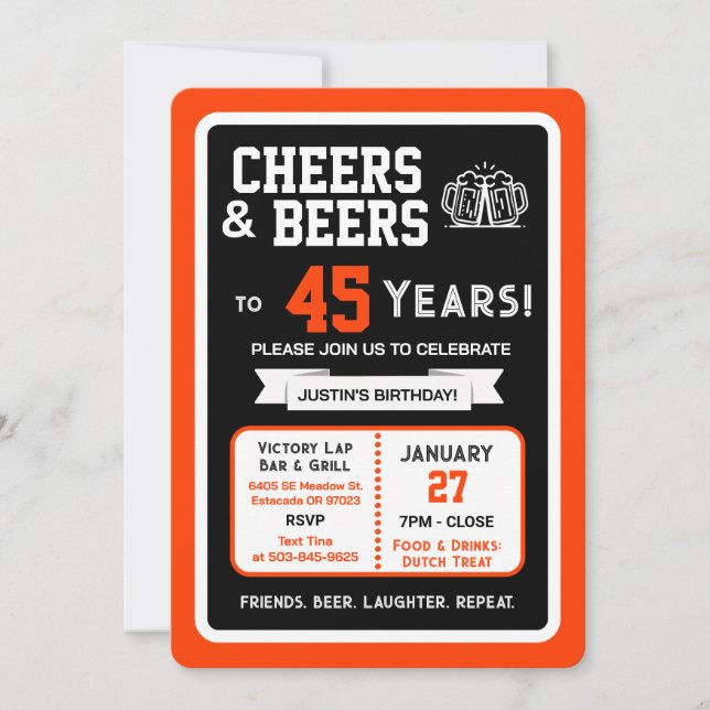 Sports Bar Birthday Cheers and Beers to 45 Years  Invitation (Front)