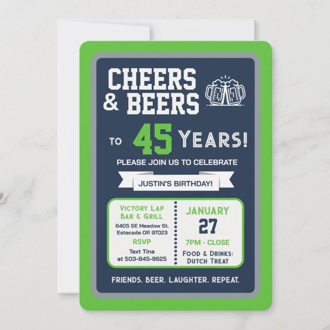 Sports Bar Birthday Cheers and Beers to 45 Years Invitation (Front)