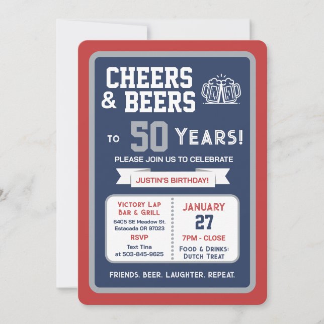 Sports Bar Birthday Cheers and Beers to 50 Years  Invitation (Front)