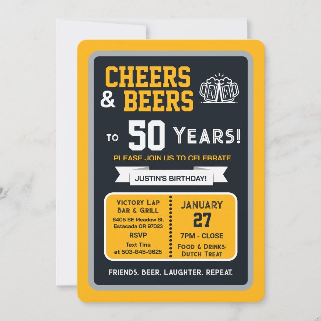 Sports Bar Birthday Cheers and Beers to 50 Years Invitation (Front)