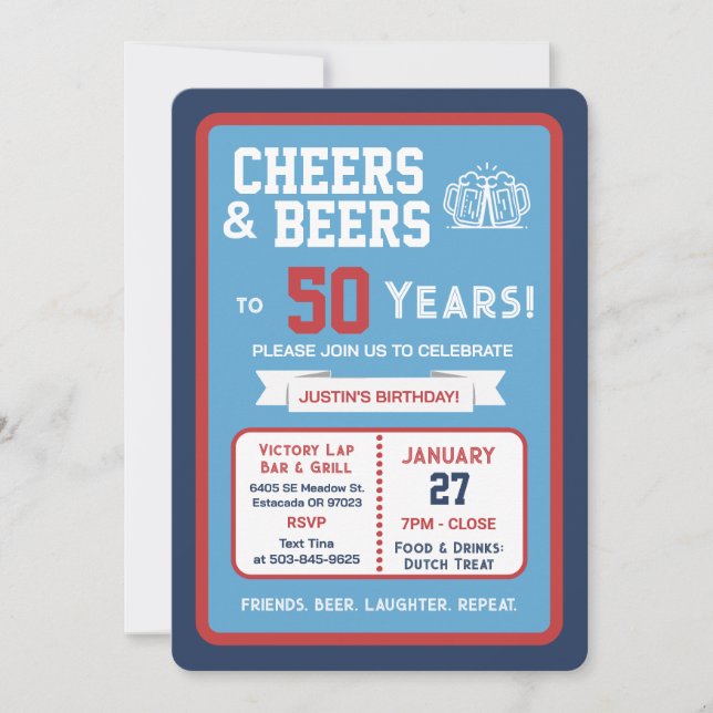 Sports Bar Birthday Cheers and Beers to 50 Years  Invitation (Front)