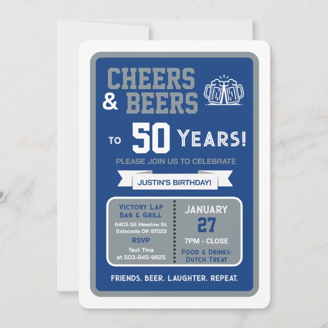 Sports Bar Birthday Cheers and Beers to 50 Years Invitation (Front)