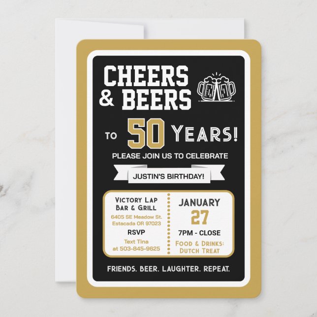 Sports Bar Birthday Cheers and Beers to 50 Years  Invitation (Front)