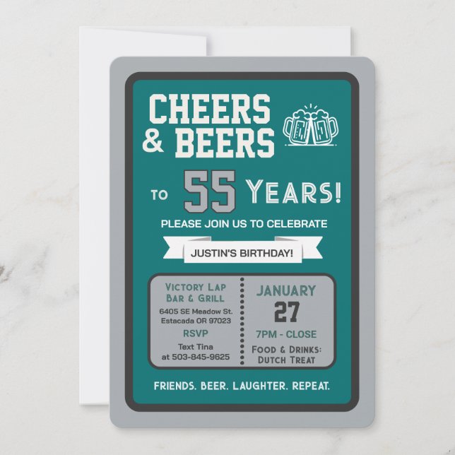 Sports Bar Birthday Cheers and Beers to 55 Years  Invitation (Front)