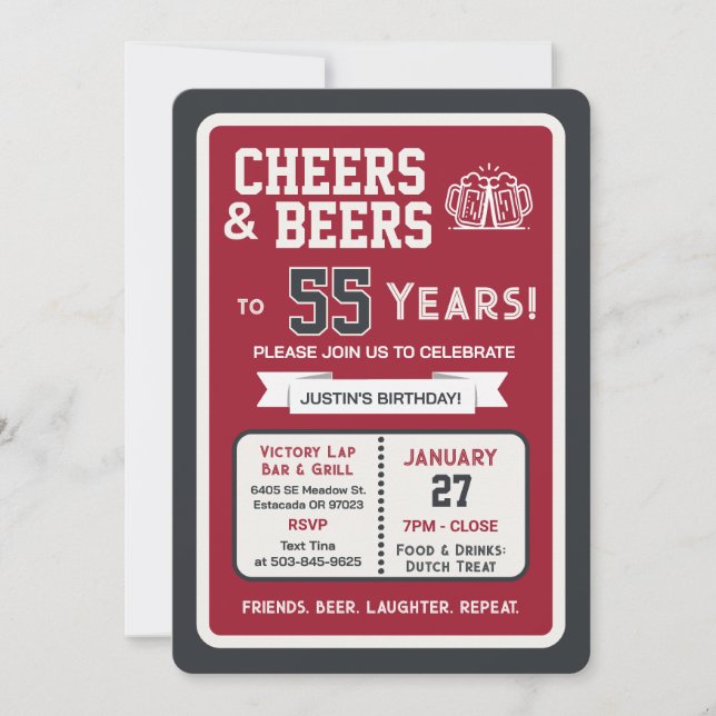 Sports Bar Birthday Cheers and Beers to 55 Years Invitation (Front)
