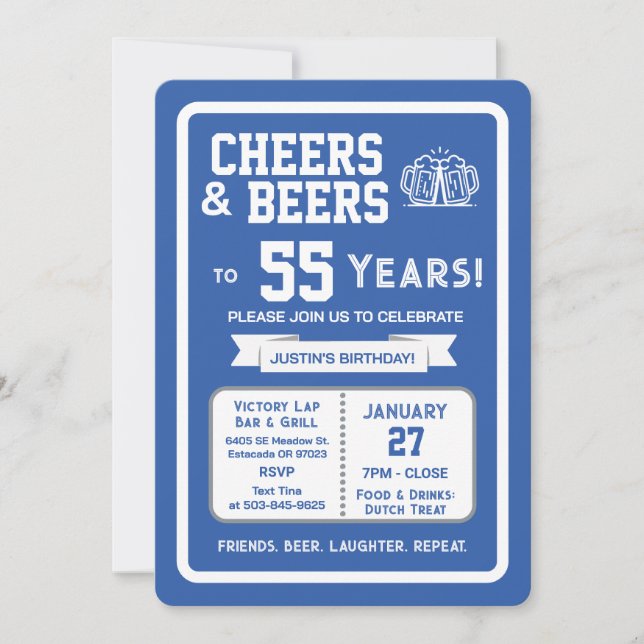 Sports Bar Birthday Cheers and Beers to 55 Years  Invitation (Front)
