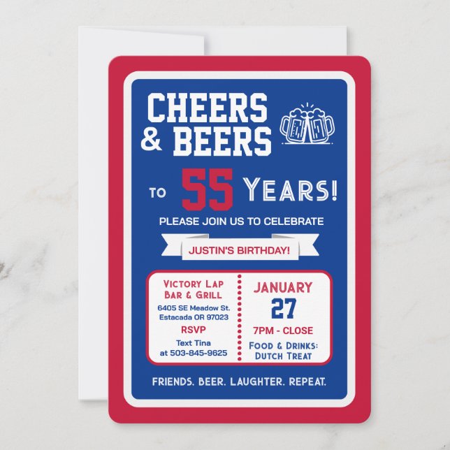 Sports Bar Birthday Cheers and Beers to 55 Years Invitation (Front)