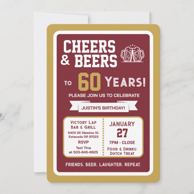 Sports Bar Birthday Cheers and Beers to 60 Years  Invitation (Front)