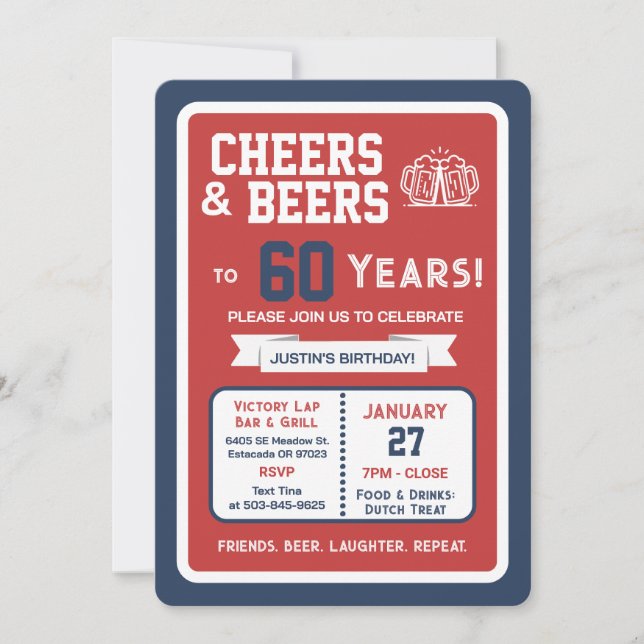 Sports Bar Birthday Cheers and Beers to 60 Years Invitation (Front)