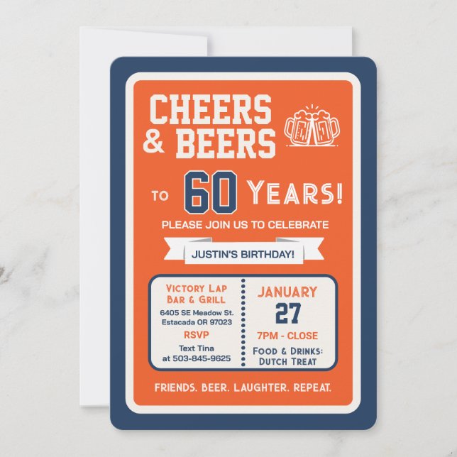 Sports Bar Birthday Cheers and Beers to 60 Years Invitation (Front)