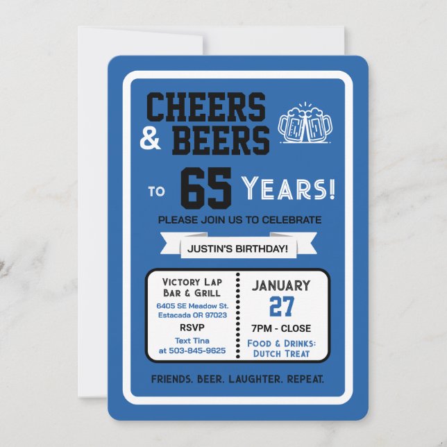 Sports Bar Birthday Cheers and Beers to 65 Years  Invitation (Front)
