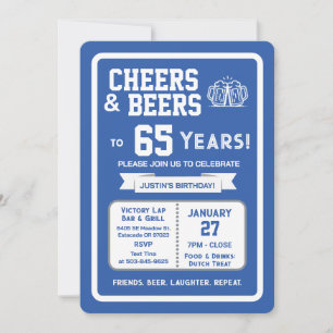 Sports Bar Birthday Cheers and Beers to 65 Years  Invitation