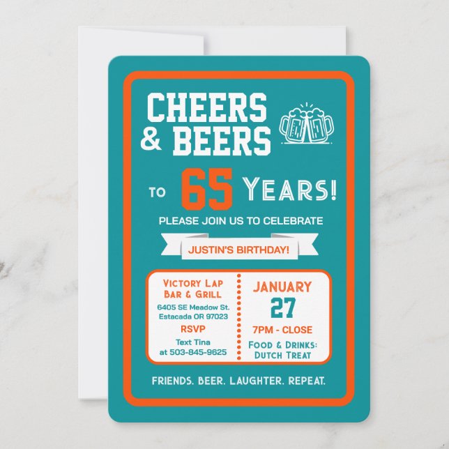 Sports Bar Birthday Cheers and Beers to 65 Years Invitation (Front)