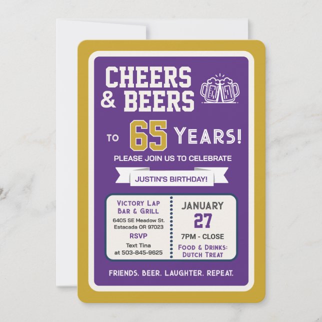 Sports Bar Birthday Cheers and Beers to 65 Years  Invitation (Front)