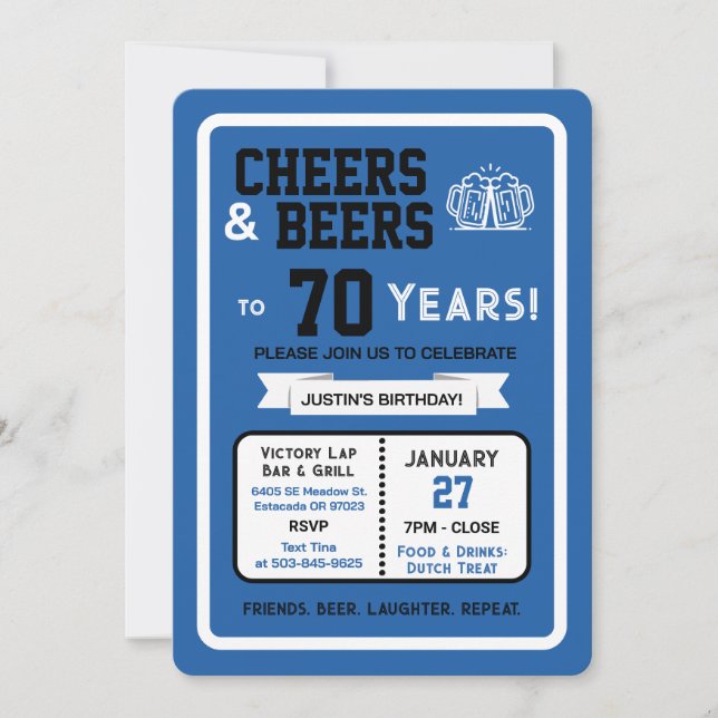 Sports Bar Birthday Cheers and Beers to 70 Years  Invitation (Front)