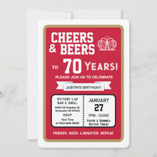 Sports Bar Birthday Cheers and Beers to 70 Years Invitation