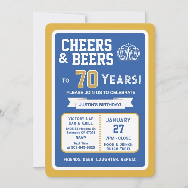 Sports Bar Birthday Cheers and Beers to 70 Years  Invitation (Front)