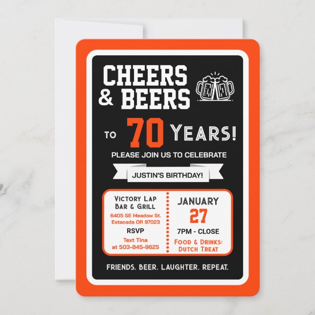 Sports Bar Birthday Cheers and Beers to 70 Years  Invitation (Front)