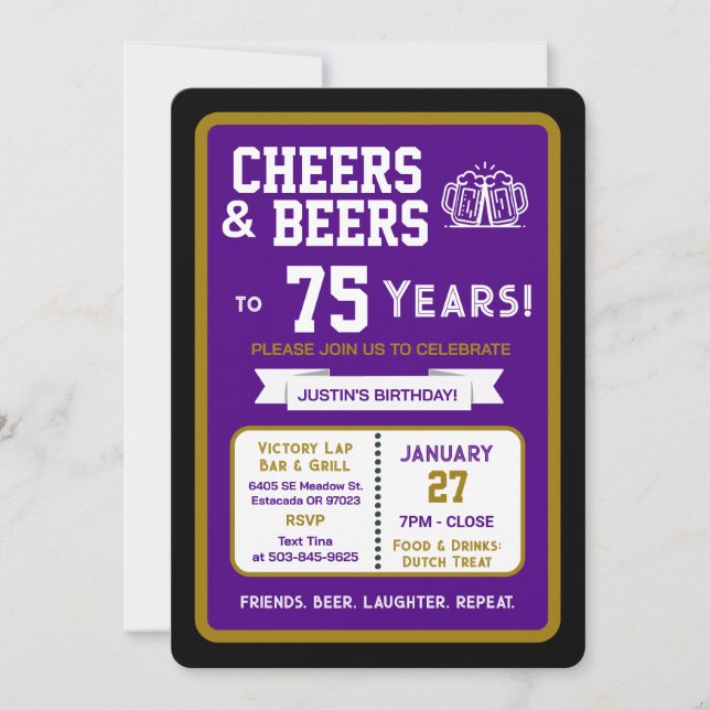 Sports Bar Birthday Cheers and Beers to 75 Years Invitation (Front)