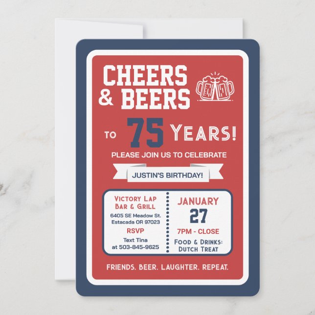 Sports Bar Birthday Cheers and Beers to 75 Years Invitation (Front)