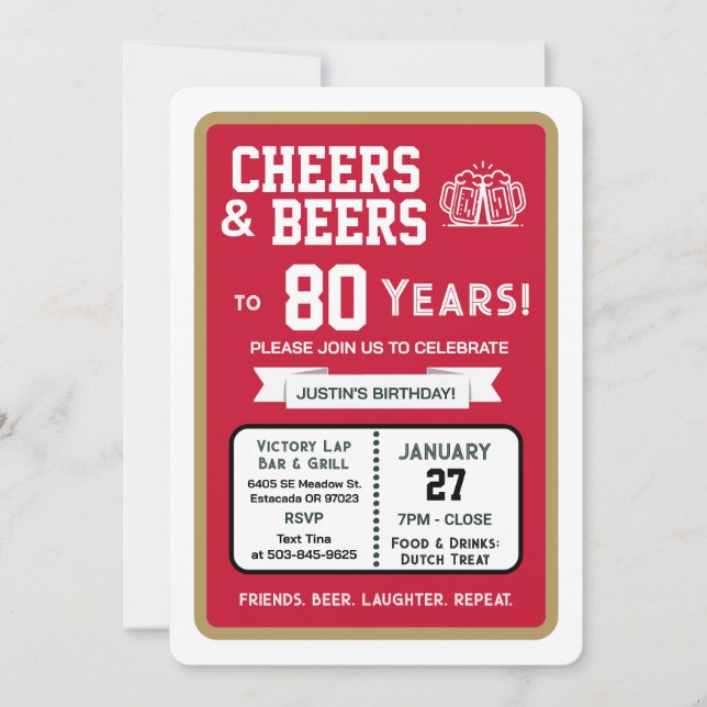Sports Bar Birthday Cheers and Beers to 80 Years Invitation (Front)