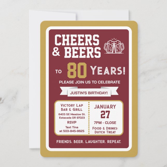Sports Bar Birthday Cheers and Beers to 80 Years  Invitation (Front)